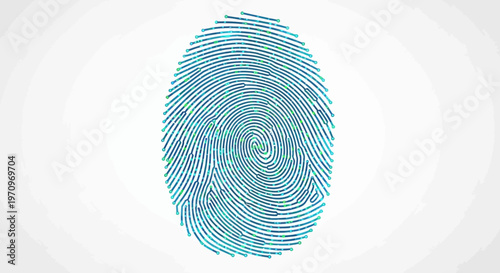 A detailed, abstract representation of a blue fingerprint with intricate swirling lines against a plain white background.