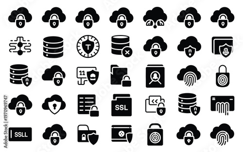 Black and white collection of cloud computing icons including databases padlocks and ssl symbols for cybersecurity