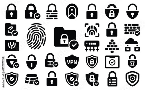 Collection of black security icons including locks shields and fingerprint symbols on white background for cybersecurity and data protection concepts