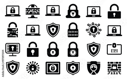Collection of padlock shield and computer icons symbolizing cyber security and digital protection concepts