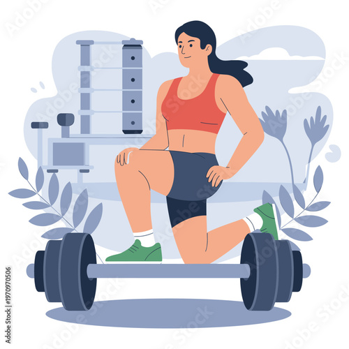 Woman in red sports bra doing lunges with a barbell in a gym