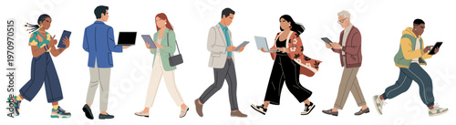 Diverse group walks confidently through urban streets. Each person holds a device, engaged with digital content. Casual attire suggests everyday commuters or pedestrians