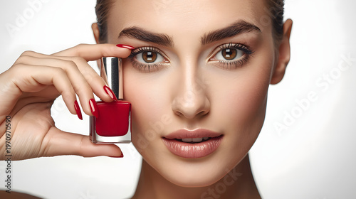 Close-up of a beautiful young woman model holding a nail polish bottle beside her face