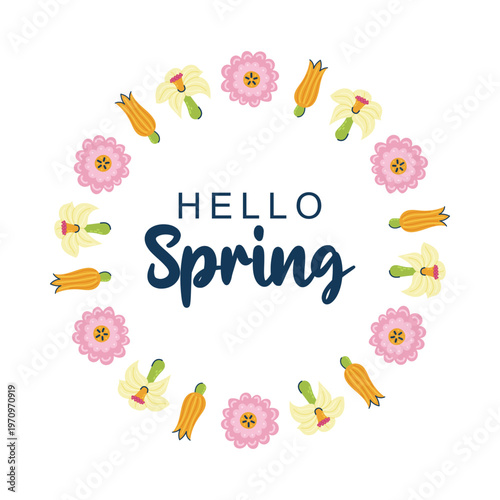 Round floral frame with red tulips and narcissus. Inscription Hello Spring in center. Seasonal hand drawn card, poster, web banner. Vector illustration on white background.