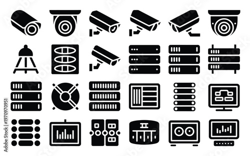 Collection of black and white icons featuring surveillance cameras servers radar and technology equipment arranged in grid layout