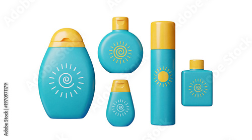 Tableau sur toile Sunscreen cosmetic bottle set isolated on transparent background blue and yellow