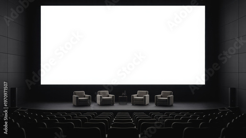 Movie Theater Interior: Blank Screen Mockup with Modern Gray Armchairs