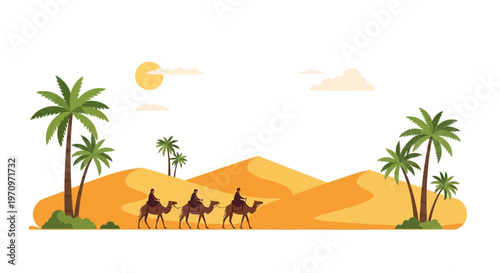 A caravan of camels with riders traverses a vast desert landscape with sand dunes and palm trees under a bright sun.