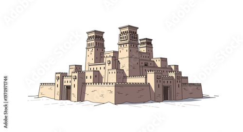 An illustration of a large, ancient Mesopotamian ziggurat complex with multiple towers and defensive walls.