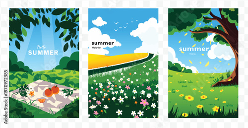 Summer Landscape Illustration Set Nature Field Picnic Scene Sunny Season Background Vector