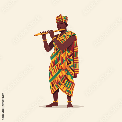 Man in traditional African clothing playing a flute