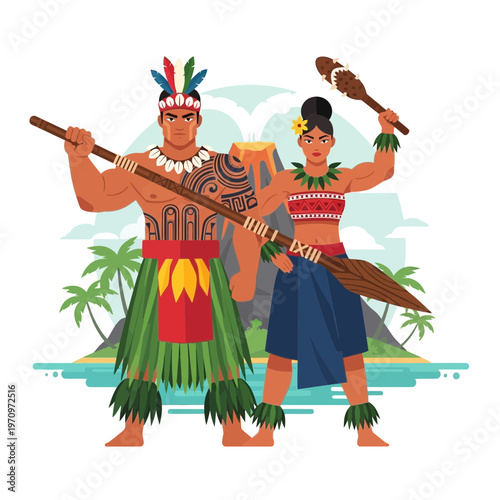 Polynesian Warriors Couple with Spears on Tropical Island with Volcano