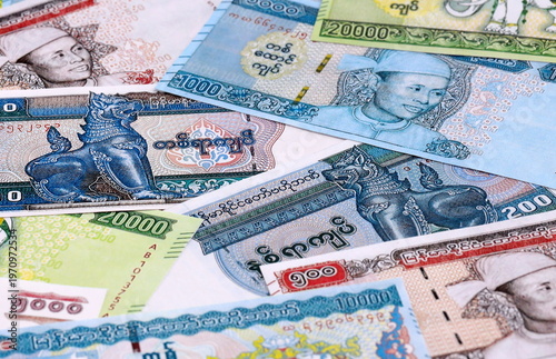 Bild auf Leinwand Myanmar kyat money bills pile on table
