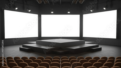Auditorium Stage Mockup: Minimalist Design with Empty Screens and Seating