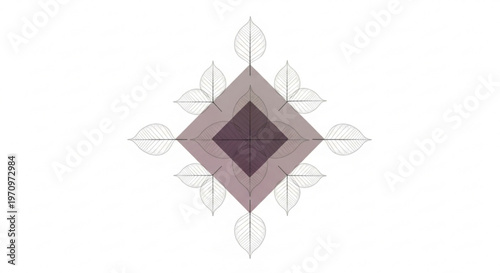 Intricate geometric design with purple diamond shape and leaf pattern on white background for decorative purposes