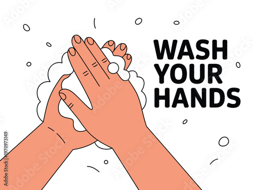 An illustration of hands being washed with soap and water