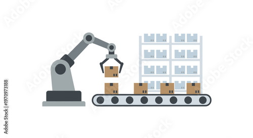 Industrial robotic arm moving boxes.