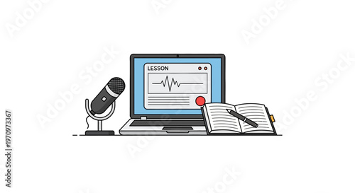 Laptop with microphone and notebook.