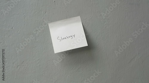 Hand removing a white sticky note with the word Strategy written on it from a gray wall.
