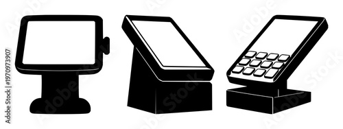 Point of sale terminal set with solid black icon on white background featuring icon, POS, terminal with black graphic and white background
