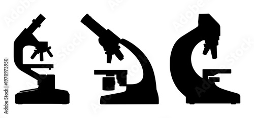 Laboratory microscope set with solid black icon on white background featuring microscope, optics, research with biomedical and science