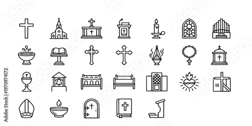 icon liner collection of religious symbols including churches, crosses, bibles, altars, candles, and sacred elements for christian spiritual and worship designs.