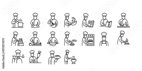 icon liner collection of professional chefs cooking, baking, kneading dough, grilling, and preparing gourmet meals in a clean minimalist vector style.