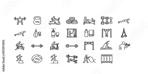 icon liner collection of gym equipment and people exercising including weightlifting, treadmill, yoga, cycling, and bodybuilding workout activities for health.