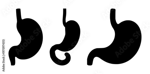 Gastroenterology stomach icon set with solid black design against white background featuring medical anatomy, digestive system, illustrative symbol with line art and silhouette
