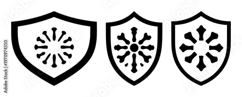Immune system shield icon set with a solid black design featuring a health symbol, medical protection, immunological defense with security and safety elements