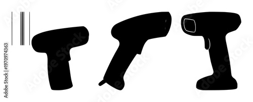 Inventory barcode scanner set with solid black icon on white background featuring barcode, scanner, inventory with black graphic and white background