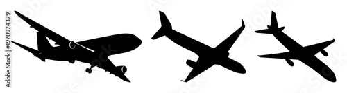 Air freight set with solid black icon silhouette on white background featuring air transport, cargo, logistics with iconography and vector