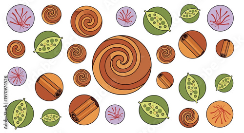 A vibrant and whimsical illustration featuring a repeating pattern of stylized cinnamon rolls, lime halves, and abstract floral elements.