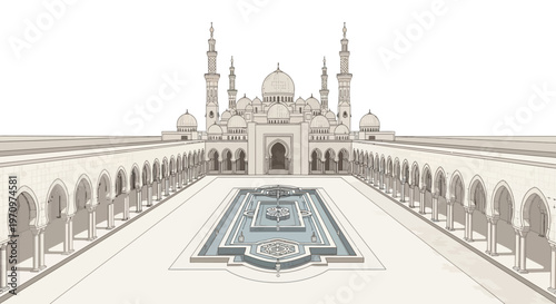 An architectural illustration of the Sheikh Zayed Grand Mosque in Abu Dhabi, showcasing its intricate design and grand scale.
