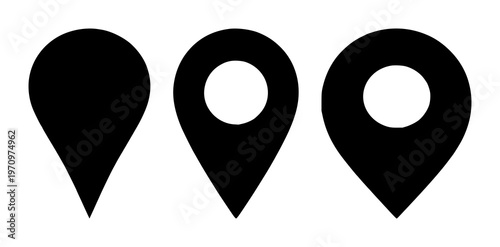 Map pin set with solid black icon on pristine white background featuring map pin, location, travel icon with vector and illustration