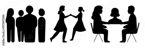 Collaboration team icon set with solid black symbol on white background featuring teamwork, partnership, unity with people icons and connectivity