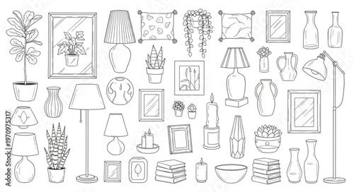 Collection of Hand-Drawn Vintage Home Decor Objects and Plants.
