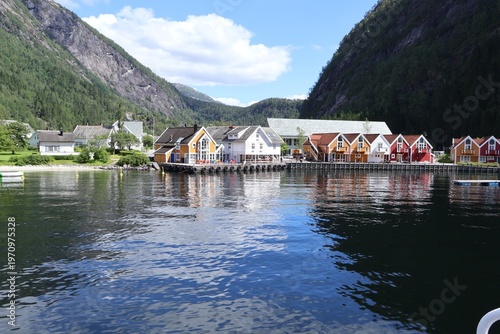 View of the village of Mo in Modalen, Norway, located along the Mostraumen fjord