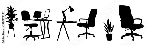Office chair set with solid black icon and white background featuring black icon, white background, office furniture with graphic design and minimalist aesthetics