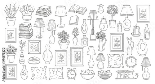 Collection of Hand-Drawn Vintage Home Decor Objects and Plants.