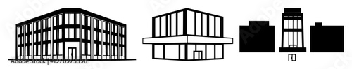 Commercial office building icon set with solid black silhouette and minimal line art design featuring office, architecture, skyline with commercial and corporate