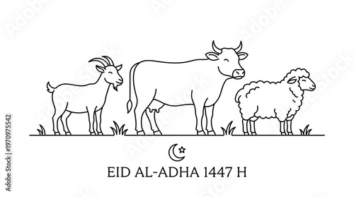 Eid Al-Adha celebration with goat, cow, and sheep standing together outdoors in a field on a special occasion