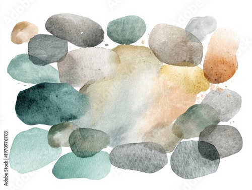 Watercolor river pebbles background with soft pastel stones