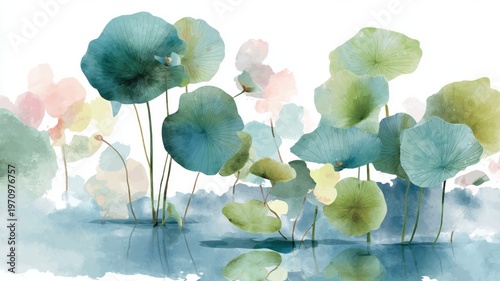 Peaceful watercolor lily pad composition with reflections