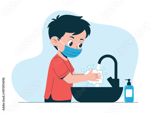 A young boy wearing a face mask washing his hands thoroughly