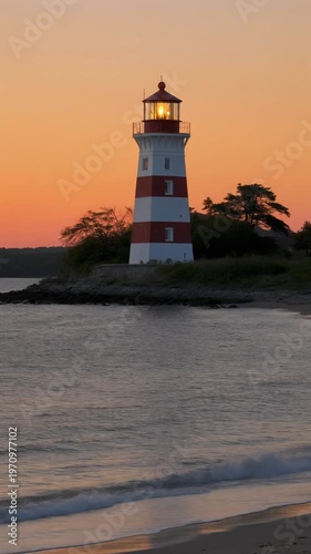 Vertical shot of the red and white striped Celoron Lighthouse at sunset on the coast of Chautauqua Lake. The illuminated lantern glows against a bright orange sky with waves on the beach.