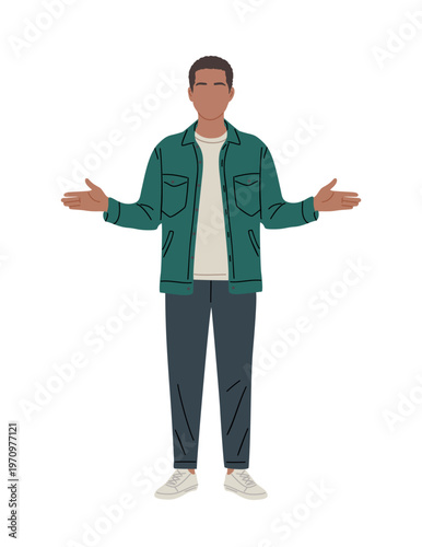 Illustration of a man with open arms. He wears a green jacket and jeans. Simple, clean, and welcoming posture. Ideal for concepts of openness or invitation. 