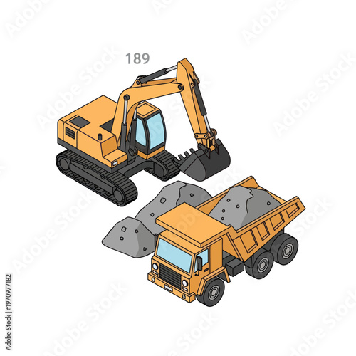 Construction vehicles excavator and dump truck working together.