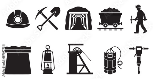This collection features a variety of black silhouette icons representing the mining industry, including tools, equipment, and a miner, perfect for concepts of extraction and labor.