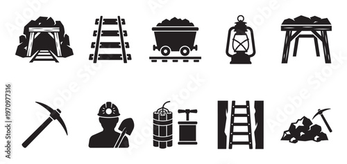 A collection of black and white vector icons representing various elements of the mining industry, including a mine entrance, train tracks, and mining equipment.